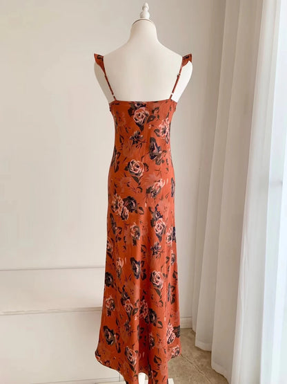 Women Flower Printed Slim Fit 100% Silk Strap Long Dress