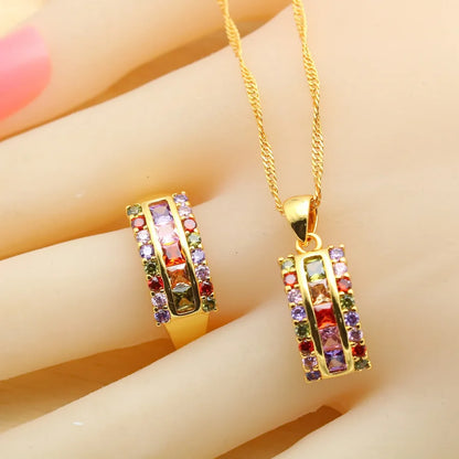 Square Multicolor Zirconia Gold Plated Jewelry Sets for Women Earrings Necklace Pendant Ring Bracelet  Birthday Gift