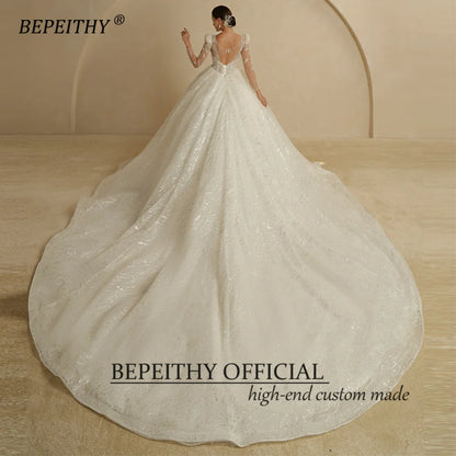 BEPEITHY Vestidos de novia de lujo de princesa brillante para mujer 2022, mangas largas, escote redondo, perlas, vestido de novia vintage con cola capilla