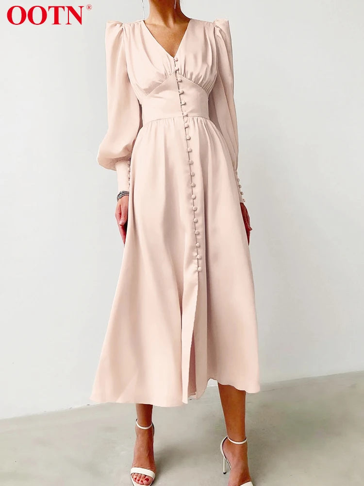 OOTN Robe blanche élégante à simple boutonnage pour femmes Robe de soirée taille haute en satin Robe longue sexy à manches lanternes Robes mi-longues 2024