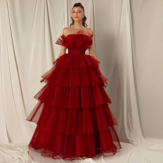 Vente chaude Illusion Bourgogne mariée col bateau robe de soirée sans manches sexy belle couleur rouge multicouche maille robe de mariée