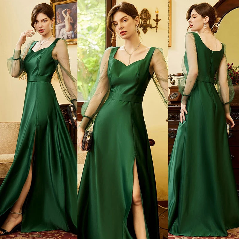 Vestidos largos de satén verde para mujer, para invitados de boda, fiesta de noche, vestidos largos de cóctel con abertura y manga larga