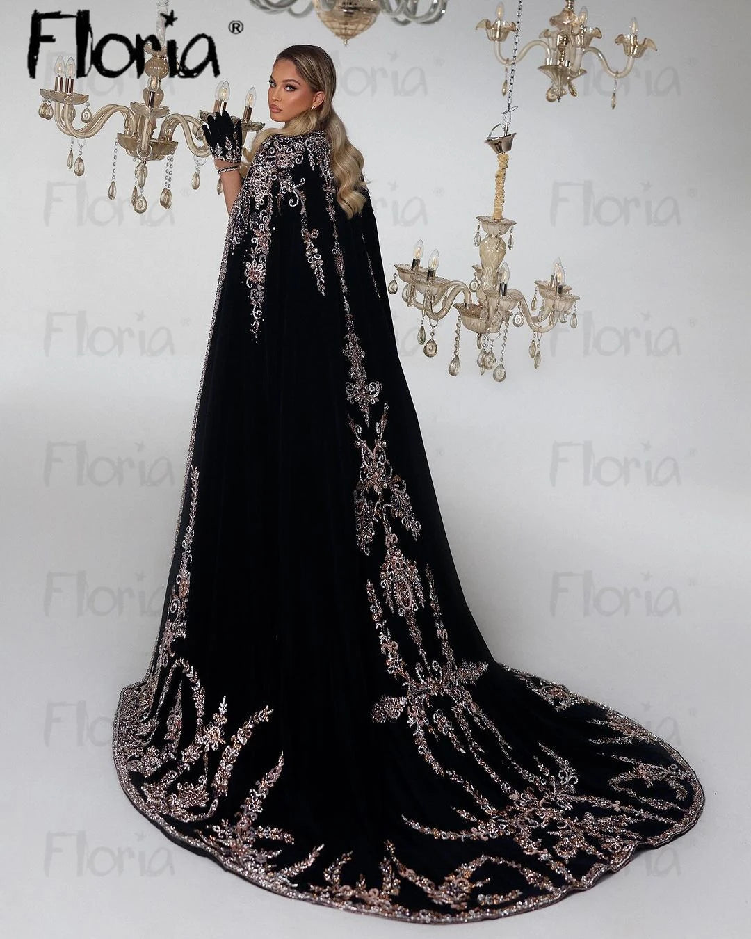 Floria Middle East Velvet Embroidery Party Dresses With Long Cape Dubai Women Formal Occasion Dresses 2024 Wedding Event Gowns