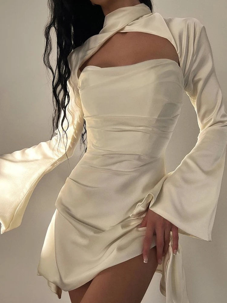 Vestido de noche de satén de manga larga para invitadas de boda, vestido de fiesta sexy con deshuesado blanco, minivestido drapeado para cumpleaños para mujer 2022 con forro