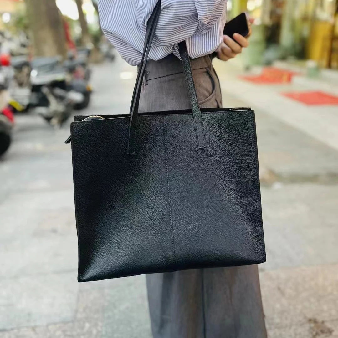 Genuine Leather Tote Bag Large Capacity Shopping Bag Top Layer Cowhide Soft Square Partition Texturous Original Women's Shoulder