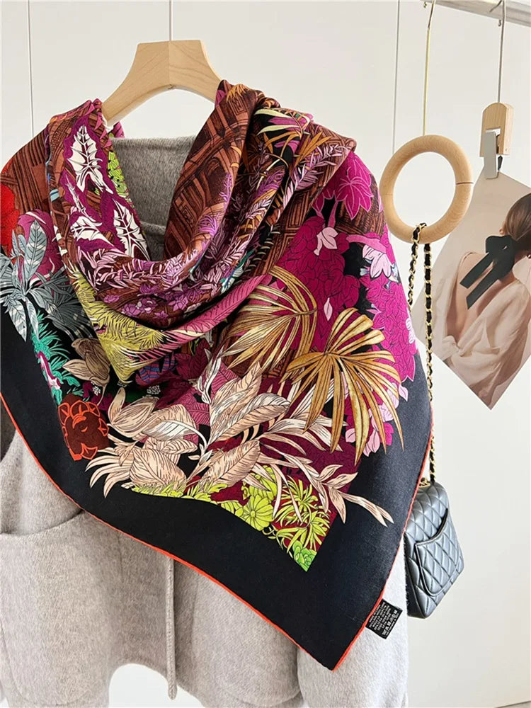 Women Blanket Scarf Shawl Cape 70% Wool 30% Silk Double-sided Printed Wraps for 2023 Autumn Winter