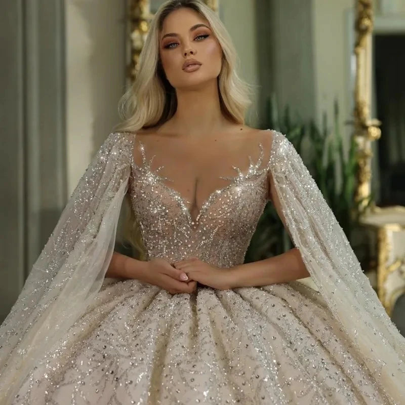 Luxury Shiny Ball Gown Wedding Dress Beading Appliques With Cape Princess Bridal Gown Robe De Mariage