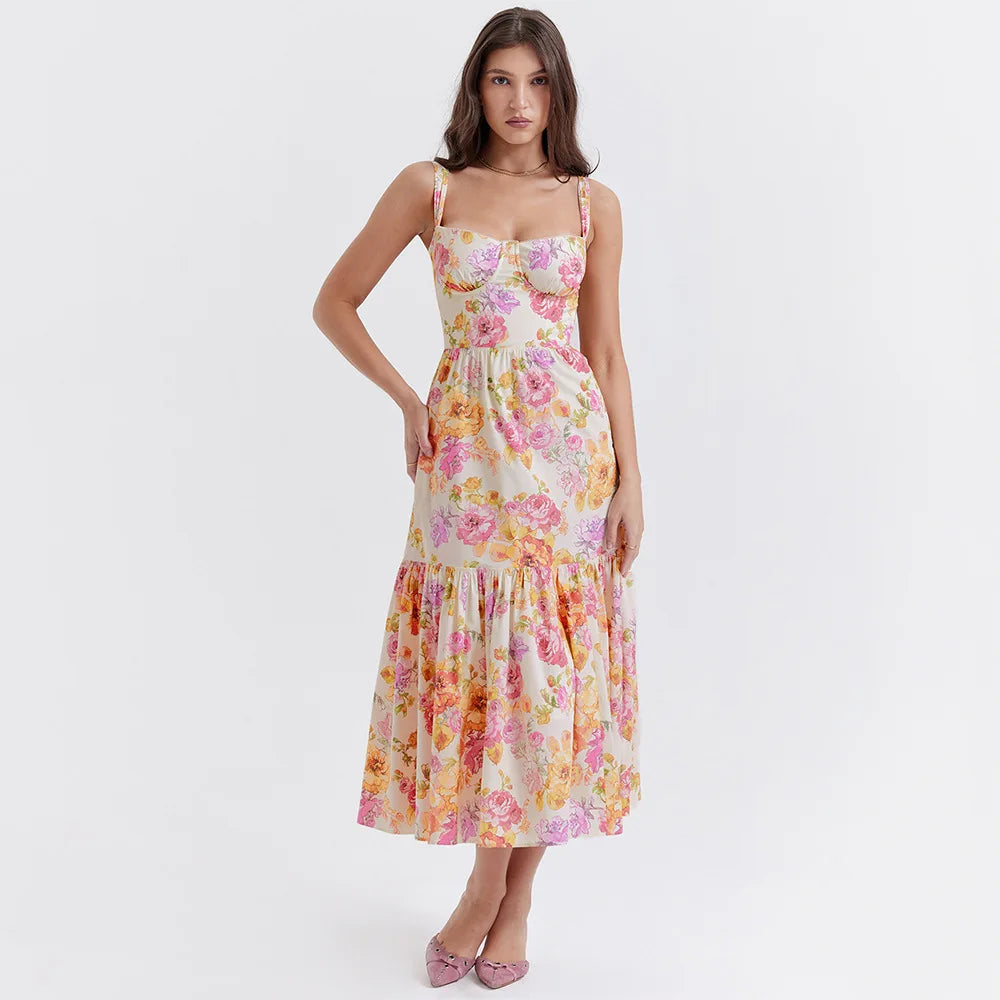 Oligai Vestido midi de tirantes finos de verano Vestido elegante informal con estampado floral para fiesta y vacaciones con bolsillo Ropa de mujer 2024