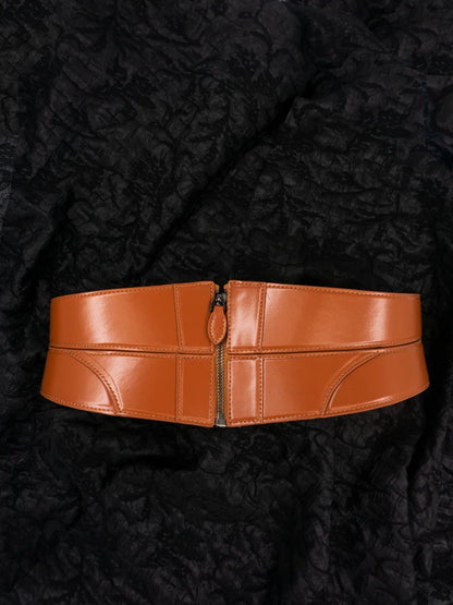 Ceinture large élastique rétro en cuir véritable marron clair pour femme, style rococo, fermeture éclair, taille ajustée, cuir de vache