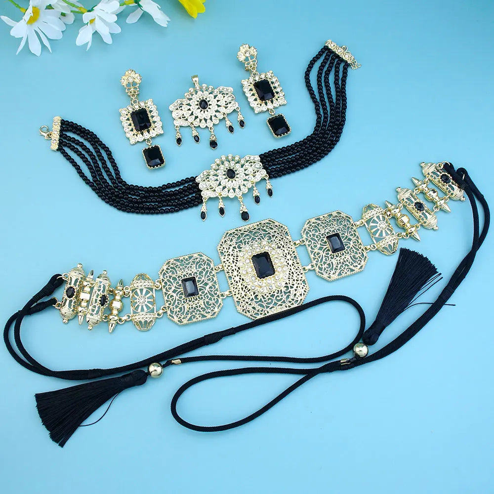 Neovisson Morocco Fashion Style Jewelry Sets Elegent Handmade Kaftan Belt Rope Tassels Beads Necklace Crystal Earring Brooch