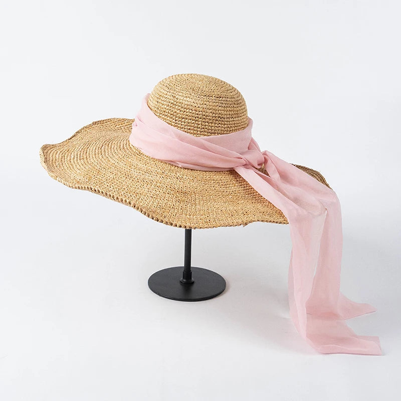 2023 Nuevo sombrero de paja de rafia hecho a mano informal de verano con cinta, sombreros de ala grande para mujer, sombrero de playa de verano, sombrero de lujo para desfile