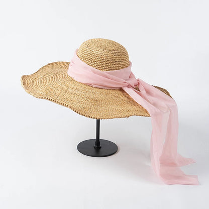 2023 Nouveau chapeau de paille en raphia fait à la main décontracté d'été avec ruban chapeaux à large bord pour femmes chapeau de soleil de plage d'été spectacle de marche chapeau de luxe