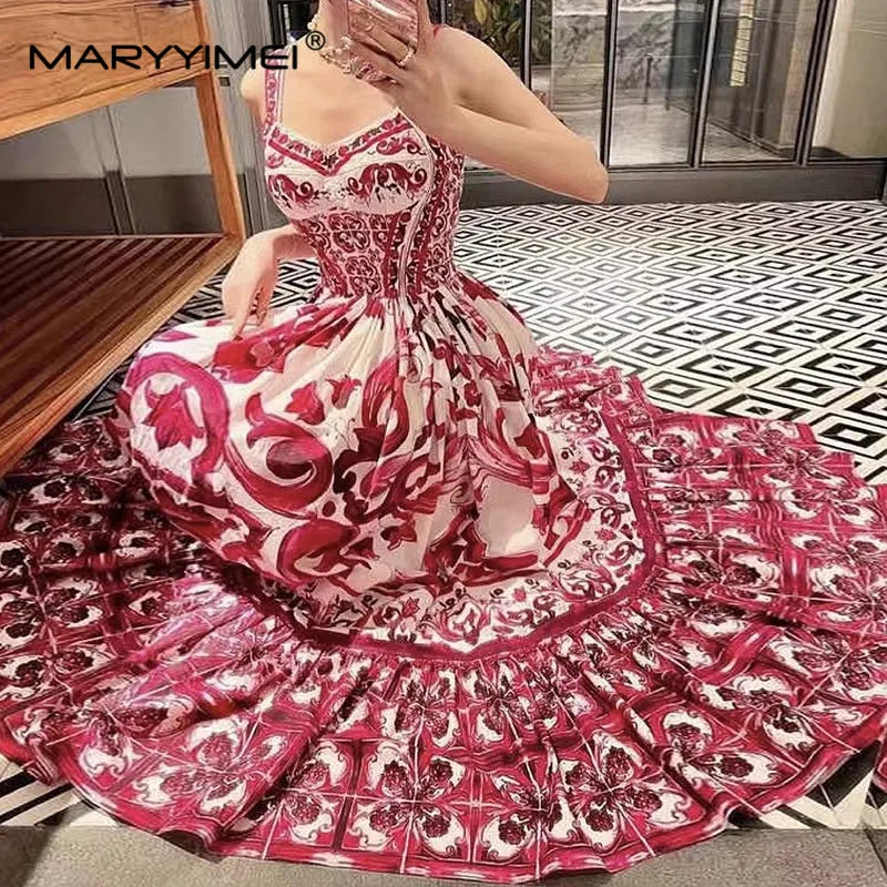 MARYYIMEI Fashion Women Pure cotton dress Spaghetti Strap Print long Dresses