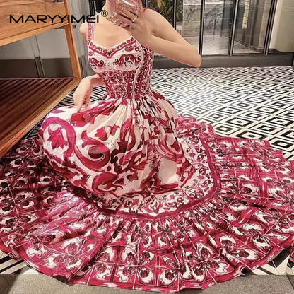 MARYYIMEI Fashion Women Pure cotton dress Spaghetti Strap Print long Dresses