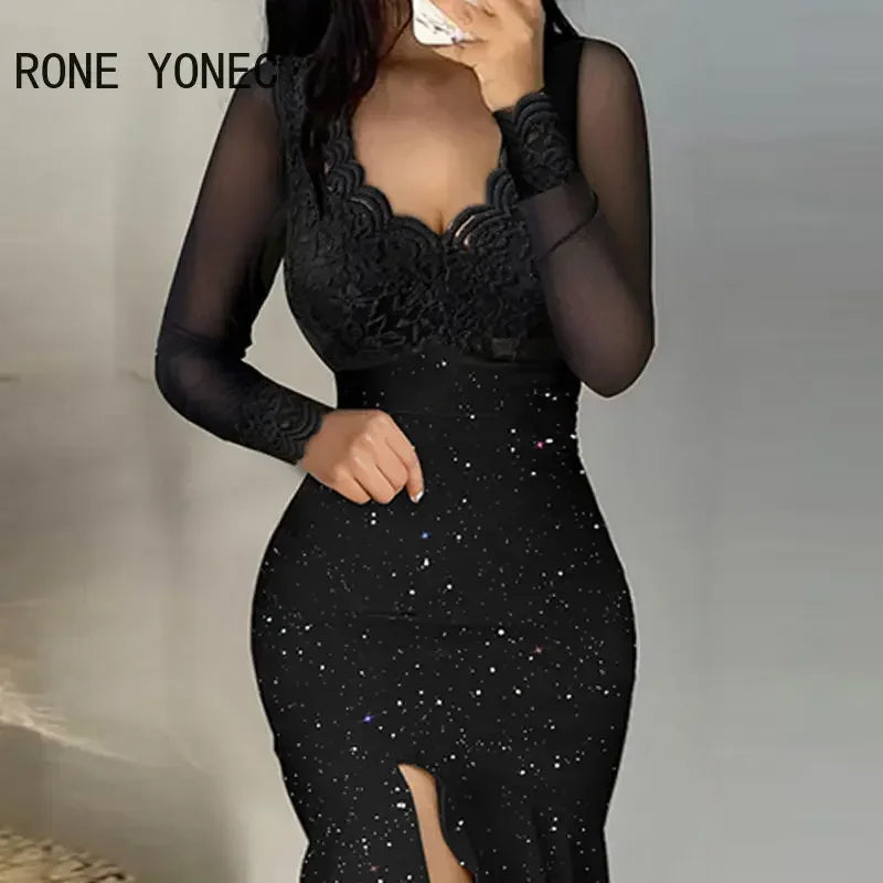 Women Glitter Chic Lace  V Neck Long Sleeves High Silt Maxi Mermaid Bodycon Formal Party Dresses