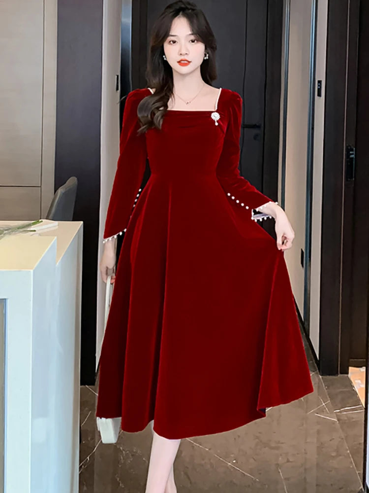 Autumn Winter Red Velvet Beading Sexy Midi Dress Women Chic Prom Luxury Party Evening Vestidos 2024 Korean Elegant Wedding Dress