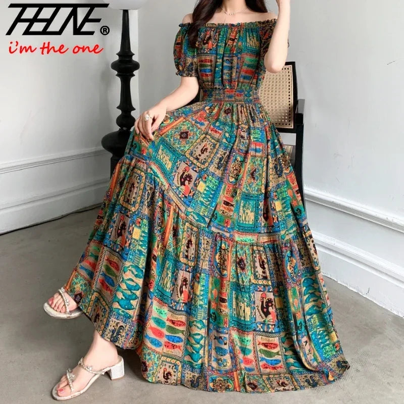 THHONE Vestidos Bata Maxi Vestido largo Mujer Verano Ropa india Bohemia Algodón Lino Floral Manga corta Estilo coreano Casual