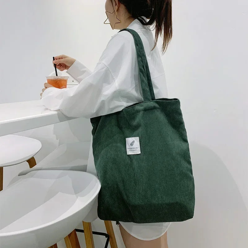 Sac fourre-tout réutilisable en velours côtelé pour femme, petit et grand sac de rangement respectueux de l'environnement, sac à main à bandoulière