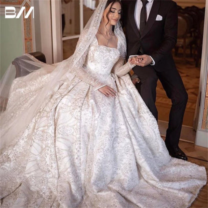 Elegante vestido de novia con escote cuadrado y manga larga con cuentas, vestido de gala para novia, vestido de novia con perlas bordadas a medida