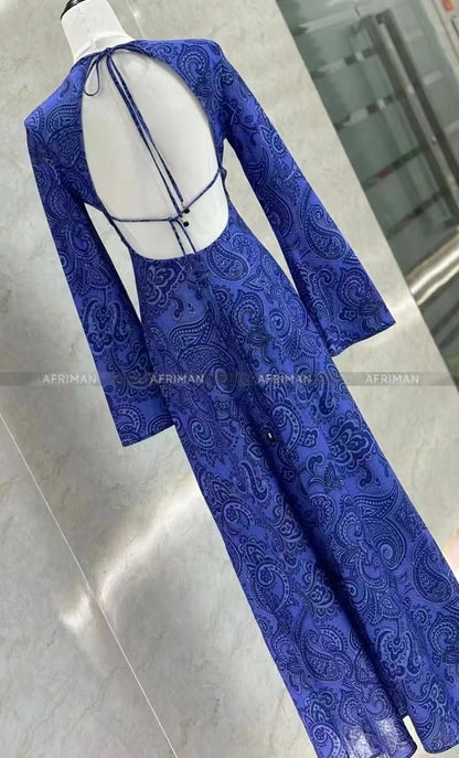 Vestido largo de lino con mangas acampanadas y espalda descubierta sexy con estampado retro azul nuevo 2024