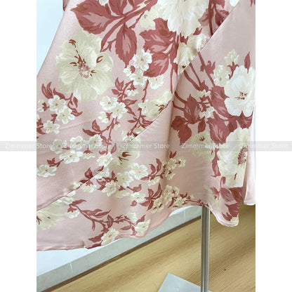 High Quality Temperament Pink Printed Swing Neck Cross Backless Sexy Silk Long Dresses