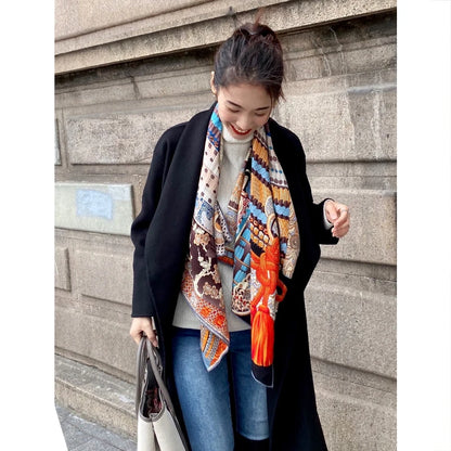 Japan Samurai Silk Wool Scarf Women Winter Soft Hem Rolled Edges Pashmina Shawls Brand Stole Cape Giant Blanket 140cm