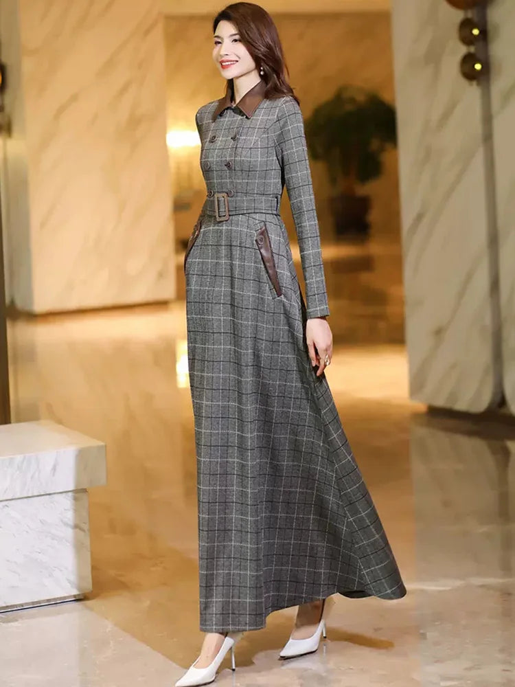 New Women Spring Autumn Long Plaid Dress Fashion Patchwork Turn-down Collar Long Sleeve Slim Dress Simplicity Casual Gray Dress