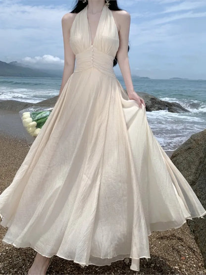 Robe longue blanche sans manches d'été à col licou, robe de plage élégante à taille serrée et col en V, robes de soirée, robes de bal de mariage