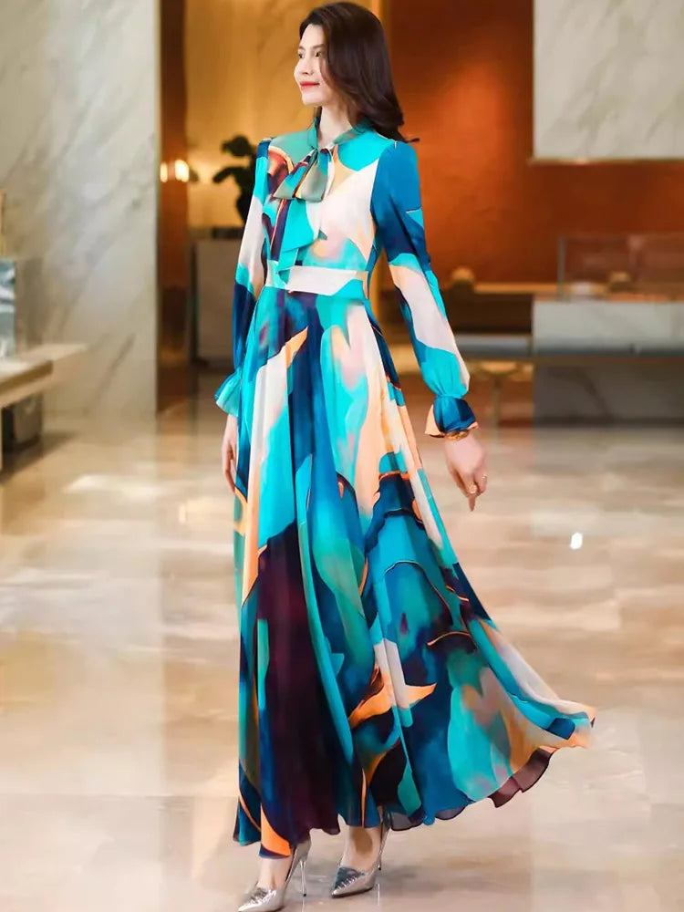 New Women Spring Summer Chiffon Dress Fashion Lace-up Bow Long Sleeve Slim Mid-Calf Dress Elegant Flowing Print Long Dress