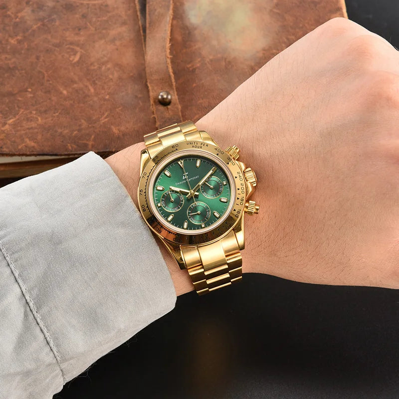 VK63 Chronograph Men Custom S Logo Watch 40mm All Gold Stainless Steel Case Green Dial Waterproof Top Luxury Brand Wristwatches