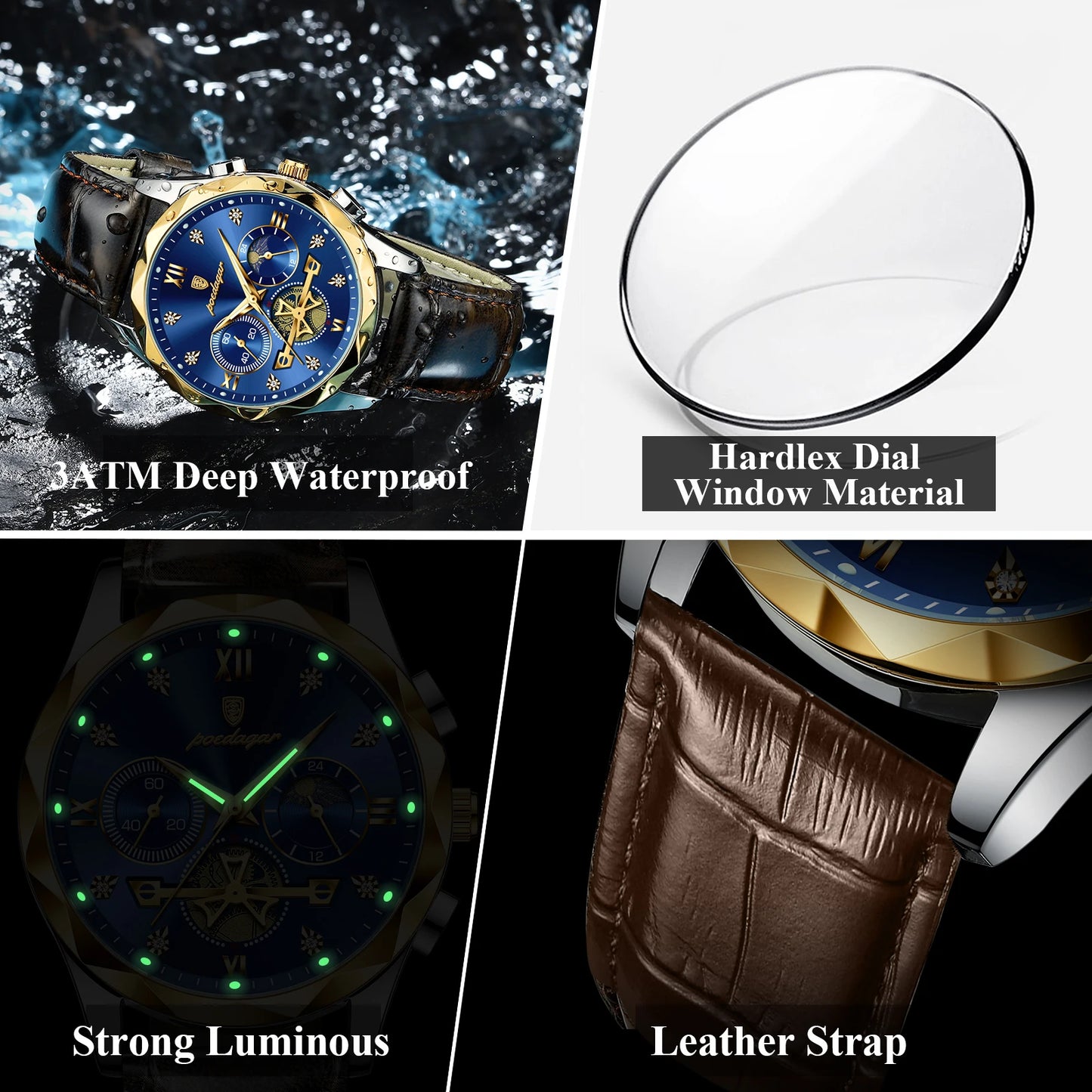 POEDAGAR Reloj de lujo para hombre, deportivo, de cuero, de cuarzo, resistente al agua, luminoso, cronógrafo, para hombre, reloj masculino + caja