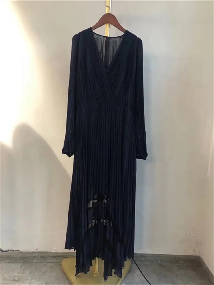 Ladies Long Sleeve Elastic Waist Slim Elegant Temperament Long Robe Spring New 2024 Women V-Neck Irregular Pleated Dress