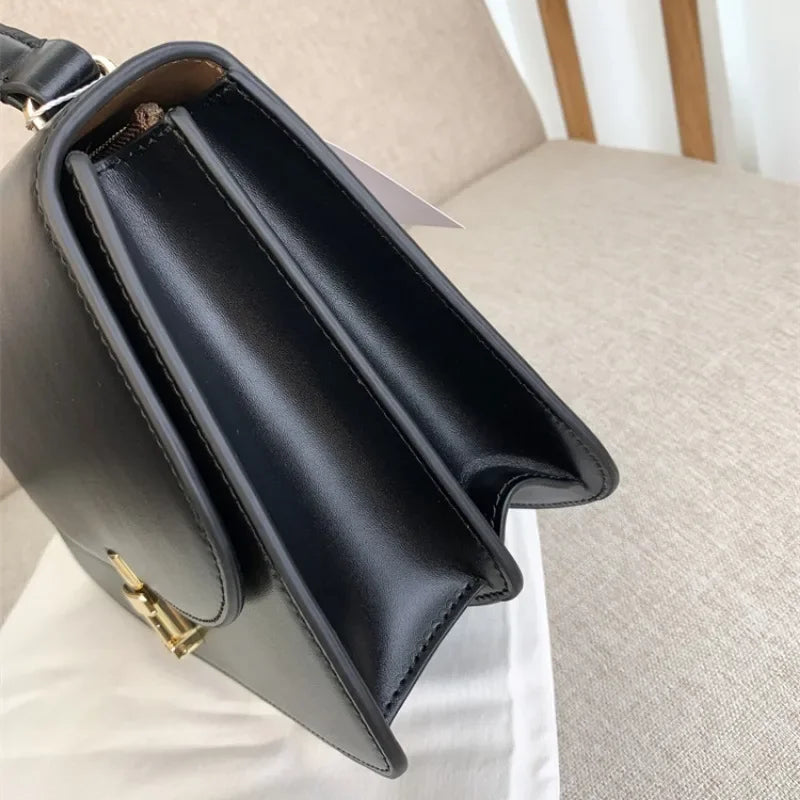 High-end Niche Simple Genuine Leather Metal T-buckle Medium Flip HandBag Square Bag