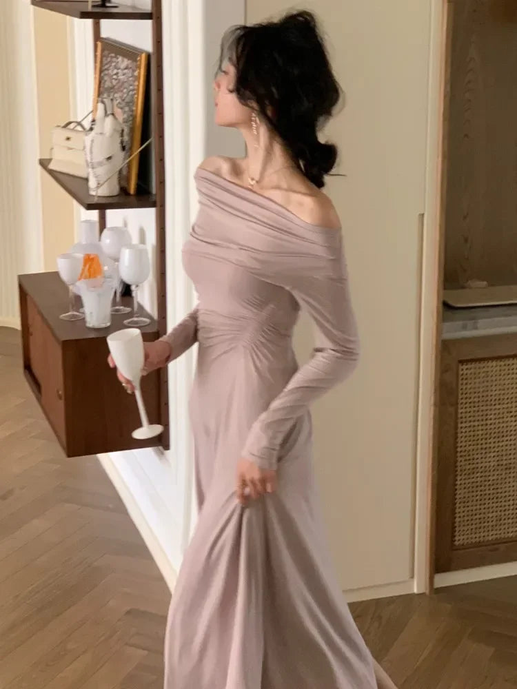 Robe mi-longue élégante et sexy pour femme, tenue de bureau à épaules dénudées, mode coréenne, manches longues, tenue de soirée, nouvelle collection hiver