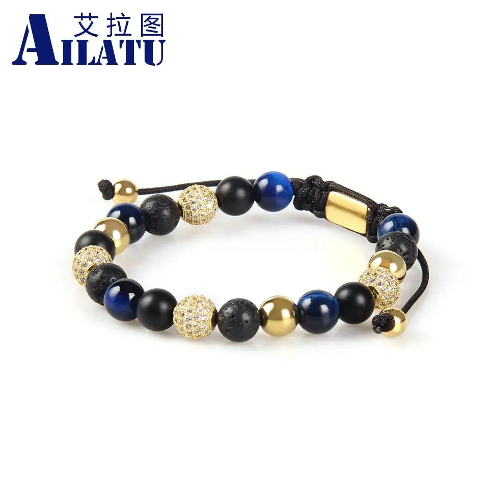 Ailatu Lot de 10 bracelets en macramé avec boules en zircone cubique de 8 mm pour hommes, perles en pierre naturelle, service de logo gratuit