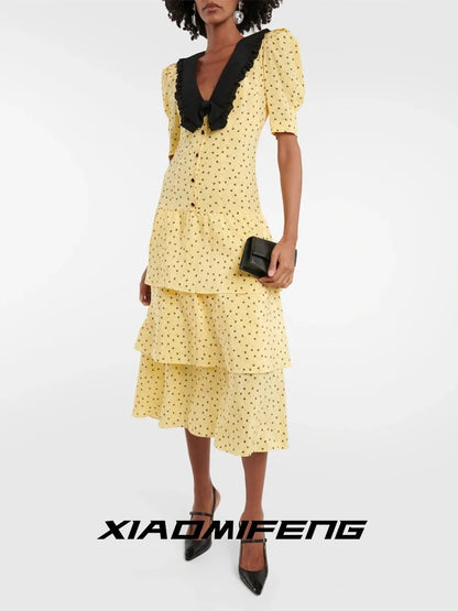 Alessandra RICH New V-neck ruffled polka dot dress looks slimmer, high-end celebrity style cake dress, women's long skirt