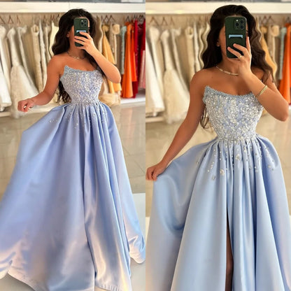 Yipeisha Exquisito vestido de fiesta sin tirantes, vestidos de barrido con cuentas y diamantes de imitación, satén personalizado es