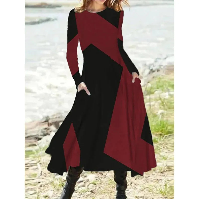 Autumn And Winter Women's Leisure Ethnic Style Long Sleeve Swing Long Dress Fashion Retro Geometric Print Round Neck Dresses