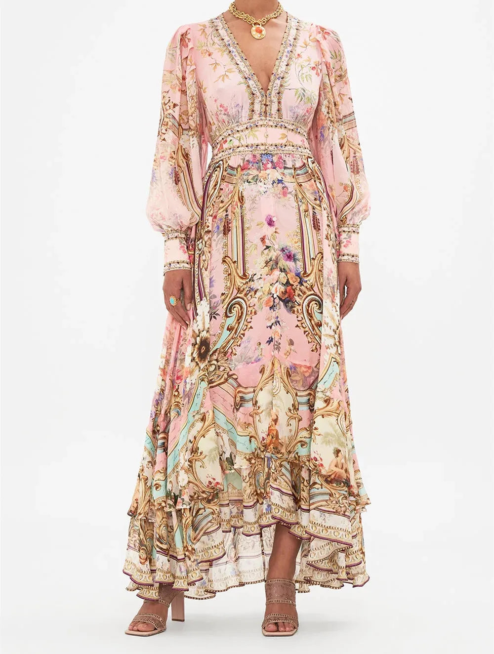 Robe longue à manches longues et col en V profond imprimé floral vintage pour femme