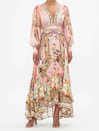 Women's Vintage Flower Printed Deep V-Neck Beaded Long Sleeve Maxi Dress