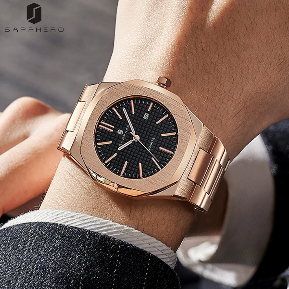 Reloj SAPPHERO para hombre, resistente al agua hasta 30 m, correa de acero inoxidable, movimiento de cuarzo, reloj de lujo deportivo de estilo empresarial, regalo elegante e informal