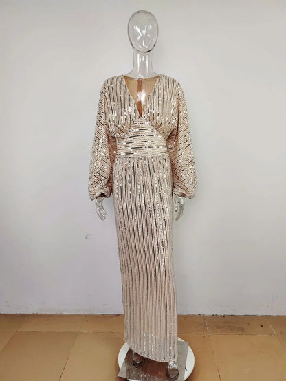 Elegante vestido de noche brillante para mujer, vestido largo de fiesta, manga larga, lentejuelas, incluso bata para dama de honor, boda, celebridad