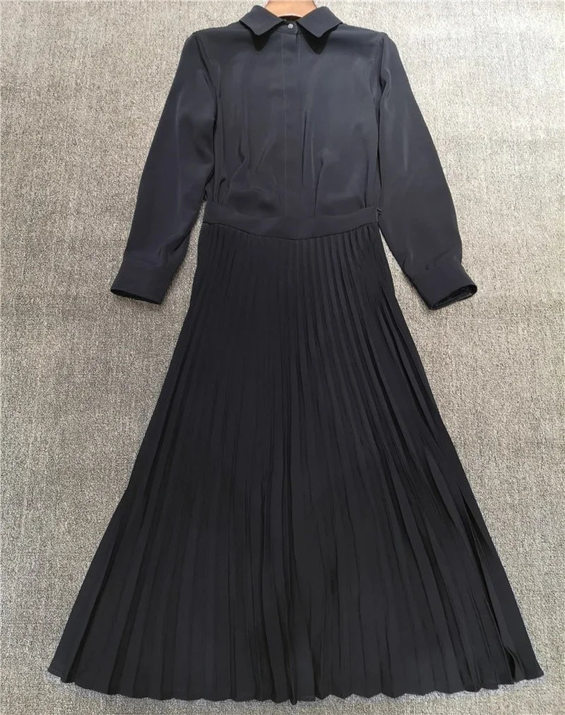 2022 New Acetate Slim Waist Pleated Long-sleeved Women Dress