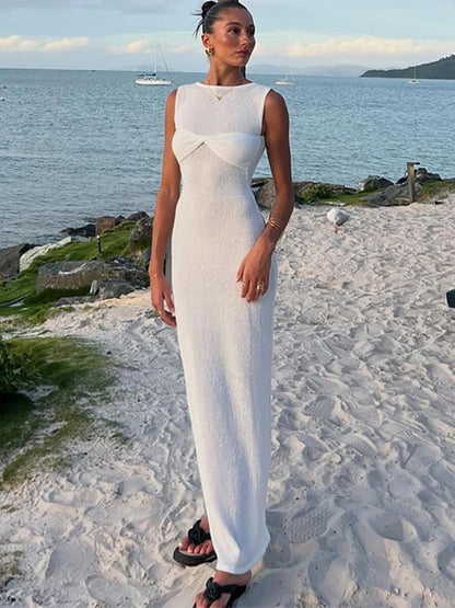 JULISSA MO Robe longue en tricot transparente froncée pour femme, sans manches, col rond, tenue d'été moulante et élégante pour fête et plage