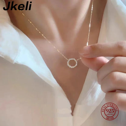 Jkeli -100% S925 Sterling Silver Plated 18K Gold Necklace with Full Diamond Circle Style Japanese and Korean K Gold Collar Chain