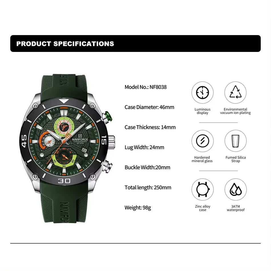 NAVIFORCE Montre pour Homme Sport Montre-Bracelet À Quartz Étanche Chronographe Horloge Militaire Avec Lumineux Reloj Hombre Homme Cadeau 2024