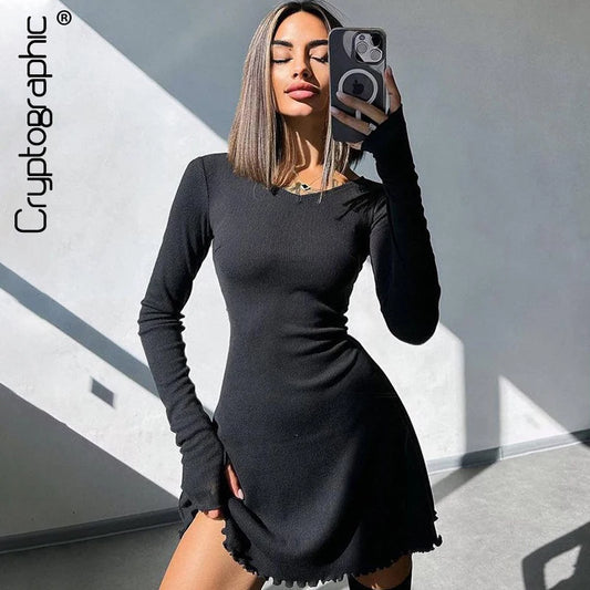 Cryptographic Solid Knitted Mini Dress for Women Elegant Outfits Fall Long Sleeve Bandage A-Line Vestido Plunge Dresses Clothes