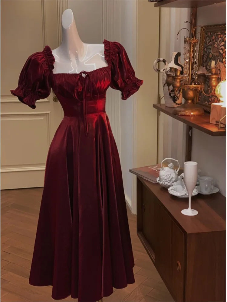 French Vintage Burgundy Evening Party Dress Women 2023 Summer Elegant Romantic Prom Vestidos Korean A-line Graduation Dresses