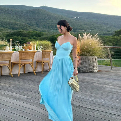 Elegant Pleated Long Wedding Guest Dress Backless V-neck For Women Ruched Cami Dress 2024 Summer Evening Party Dress