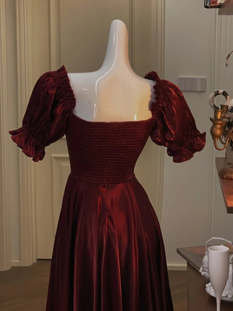 Robe de soirée vintage française bordeaux pour femmes, élégante robe de bal romantique d'été 2023, robes de remise de diplôme coréennes en forme de A